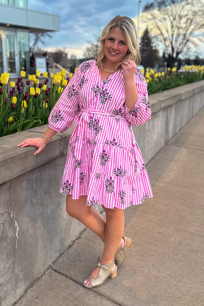 Pink Stripe Flower Belted Dress