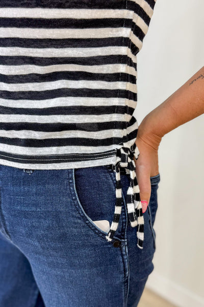 Black Stripe Ruched Top Detailed