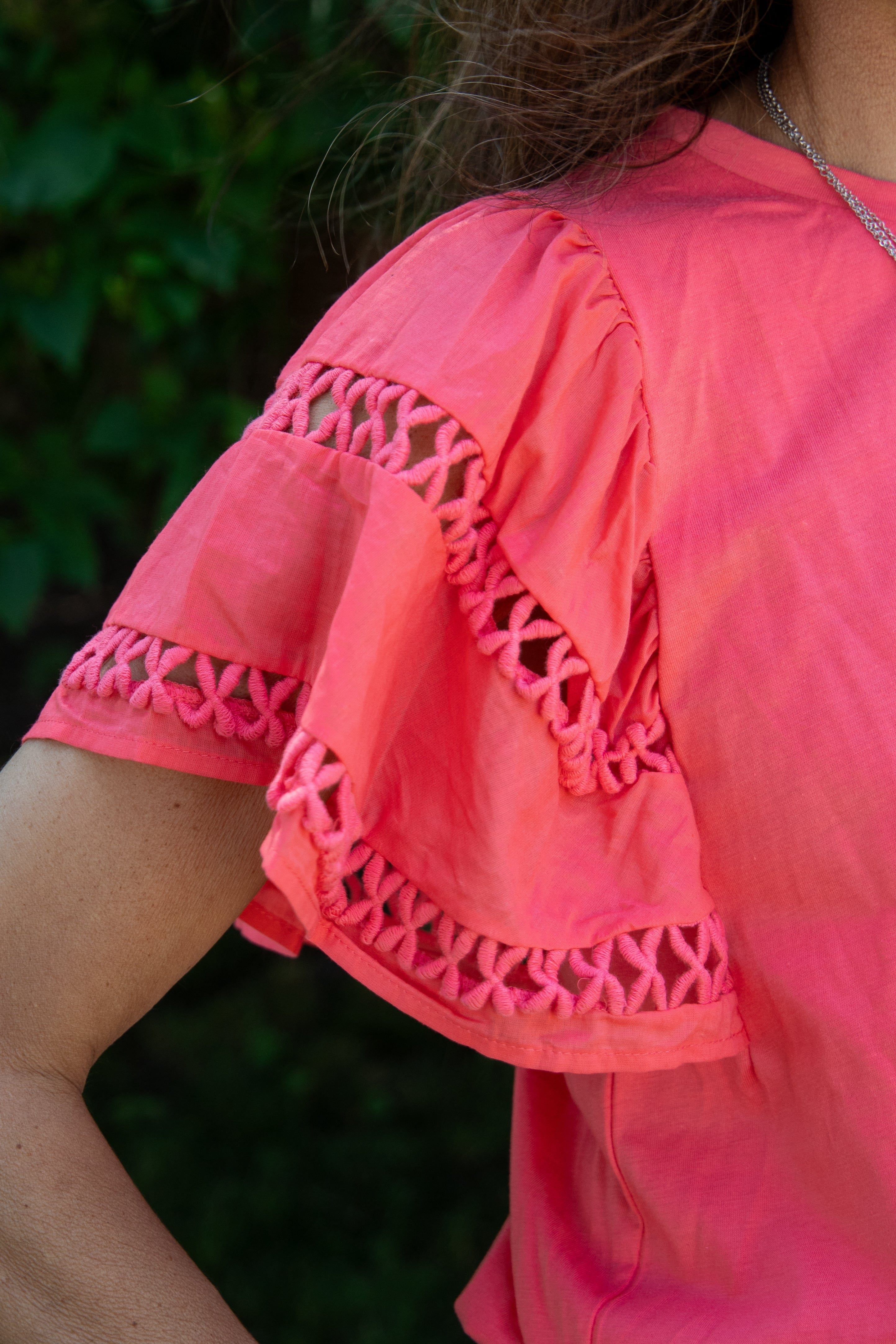 Coral Crochet Trim Sleeve Top Sleeve detail