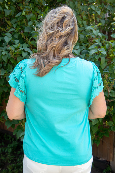 Turquoise Scalloped Lace Sleeve Top back