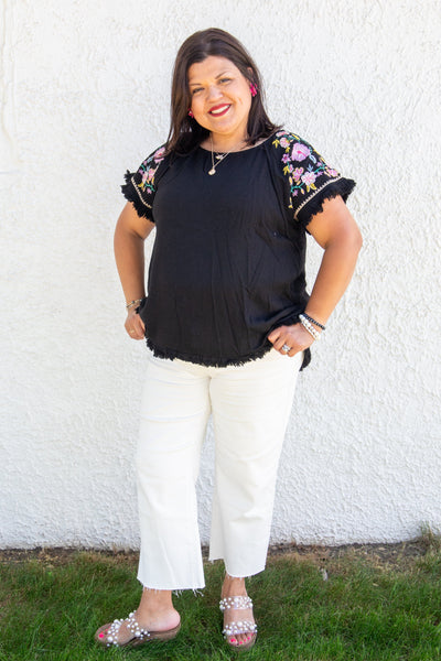 Black Frayed Pink Floral Embroidered Top styled