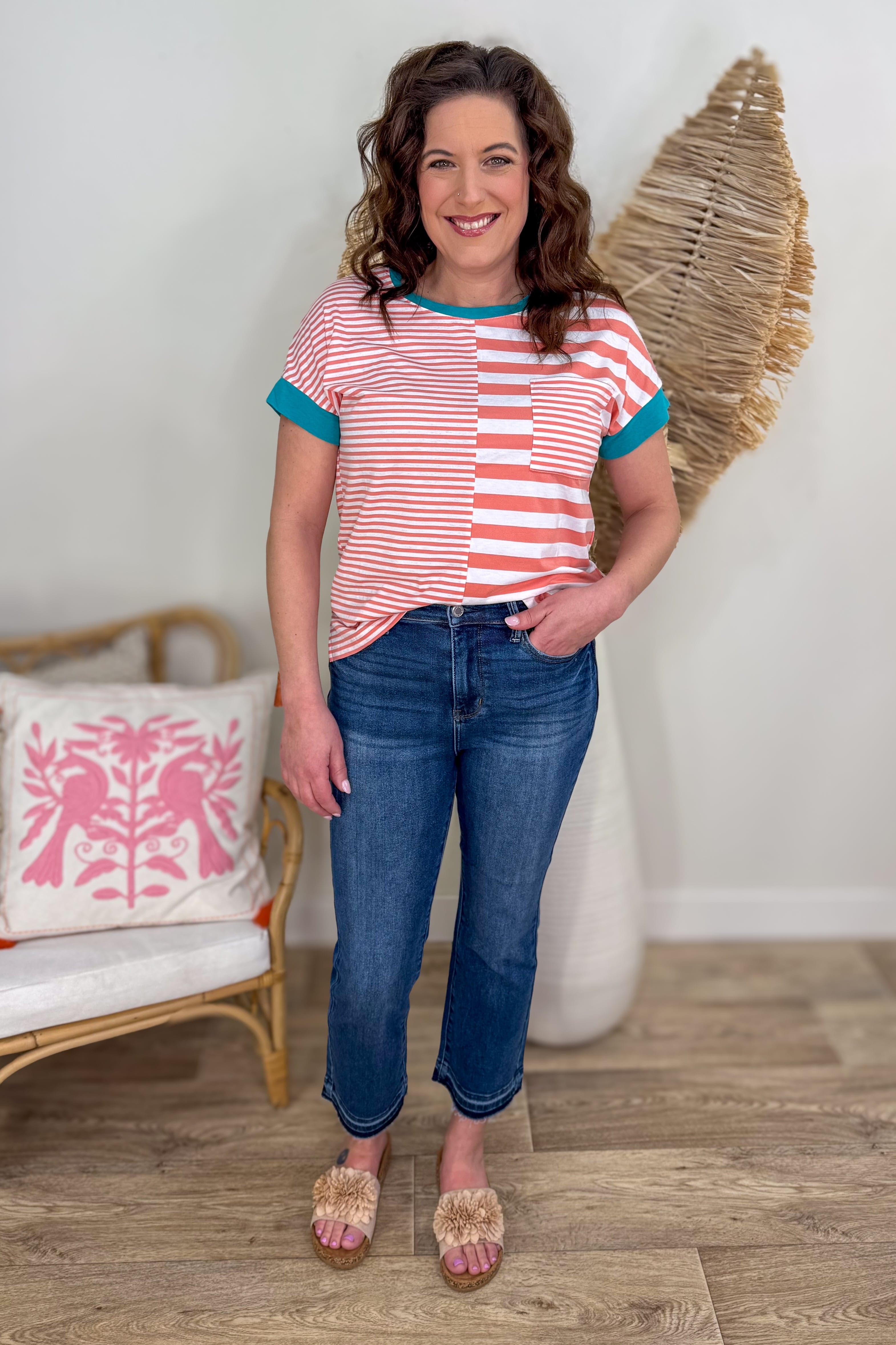 Dark Peach Cabana Stripe Top styled