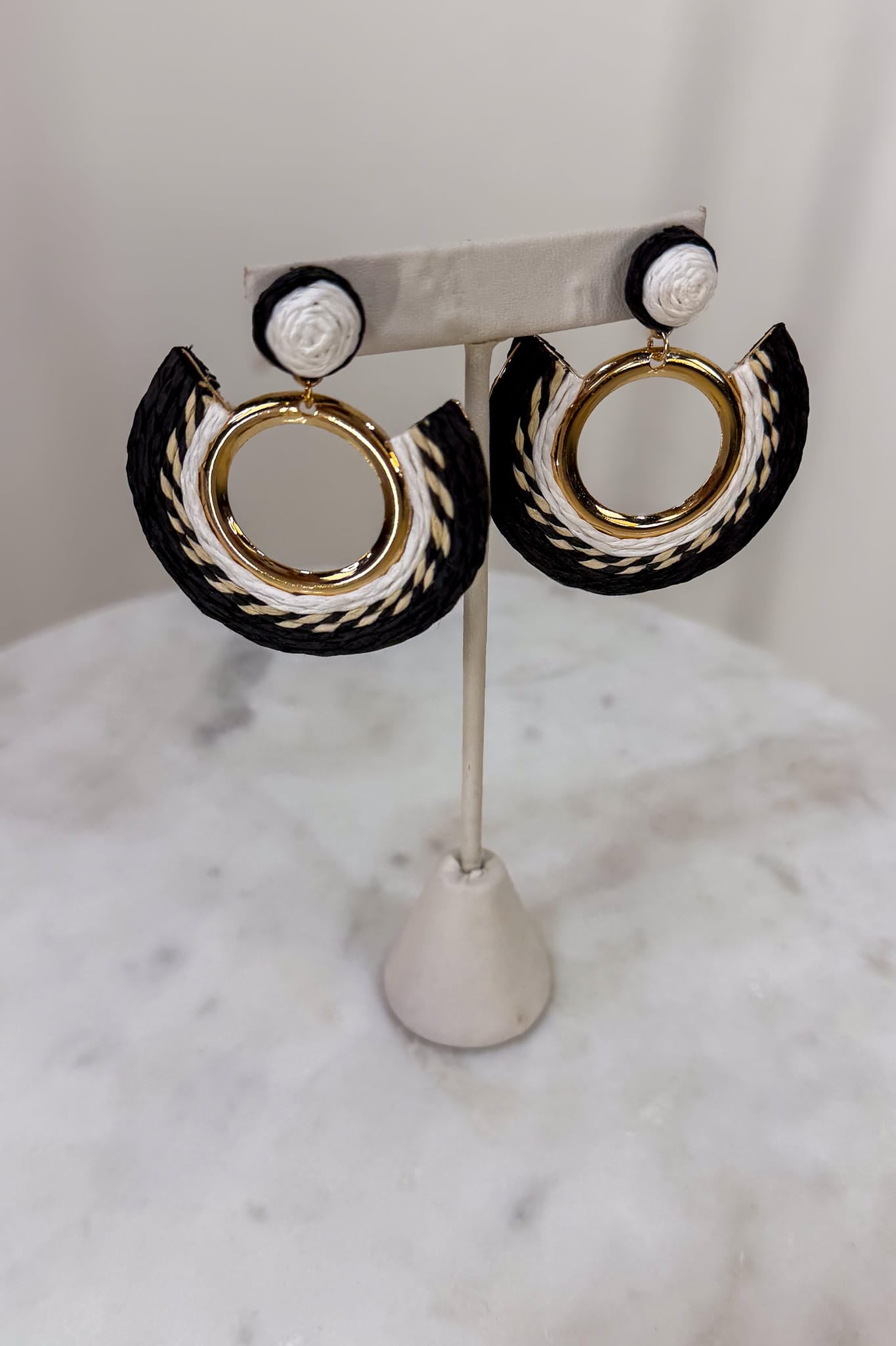 Gold Black & White Rafia Circle Earring