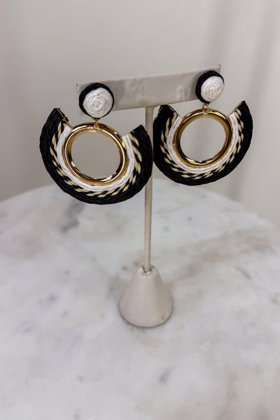 Gold Black & White Rafia Circle Earring