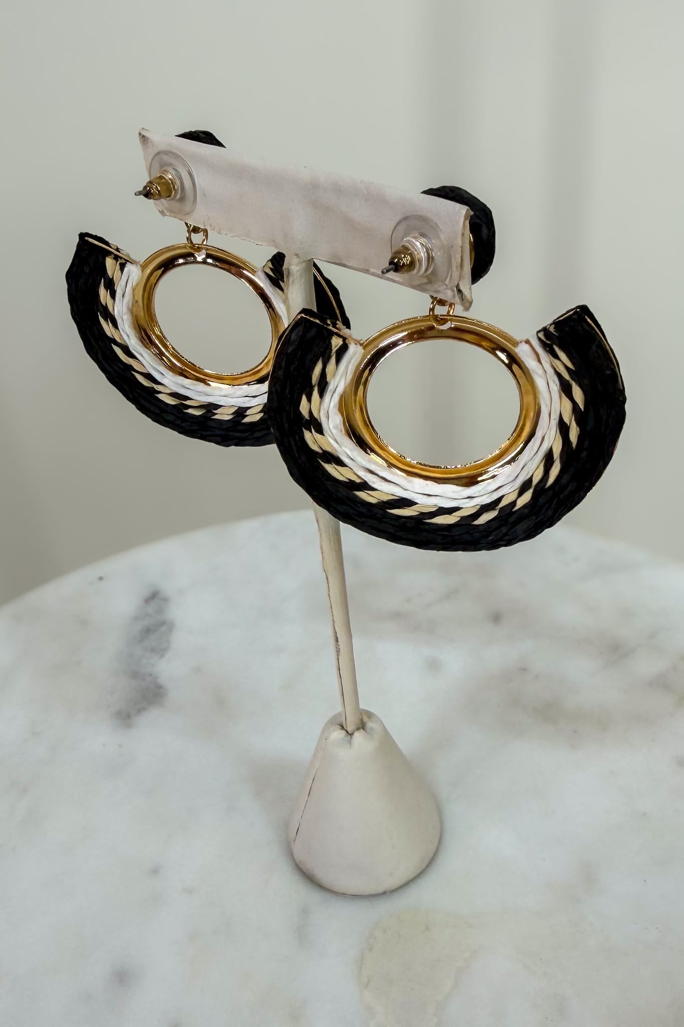 Gold Black & White Rafia Circle Earring Back