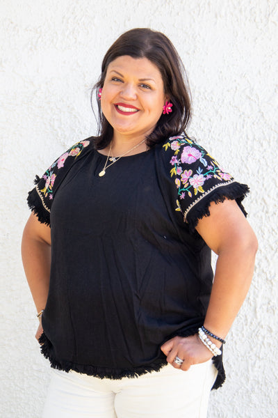 Black Frayed Pink Floral Embroidered Top