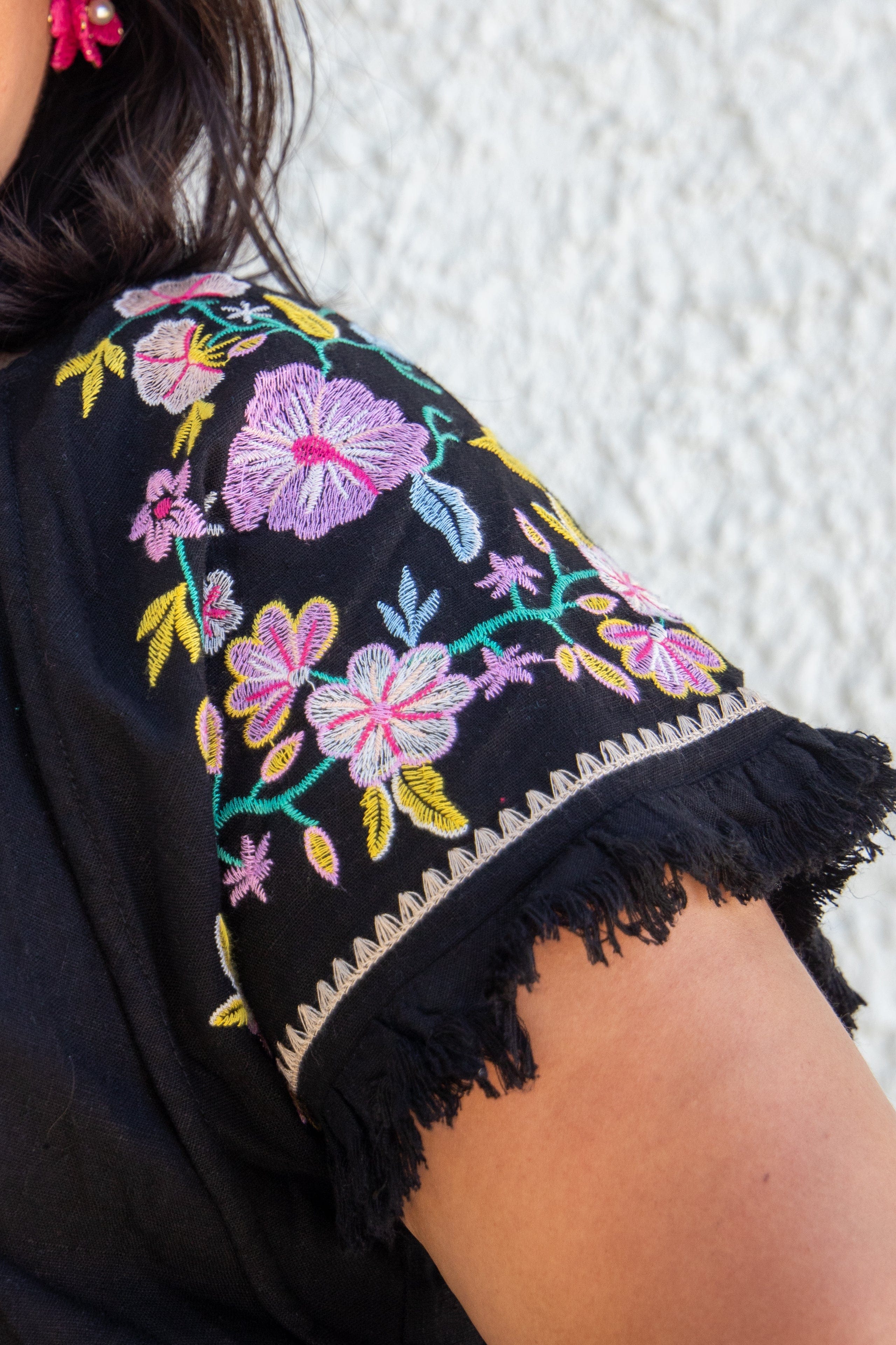 Black Frayed Pink Floral Embroidered Top sleeve embroidered detail