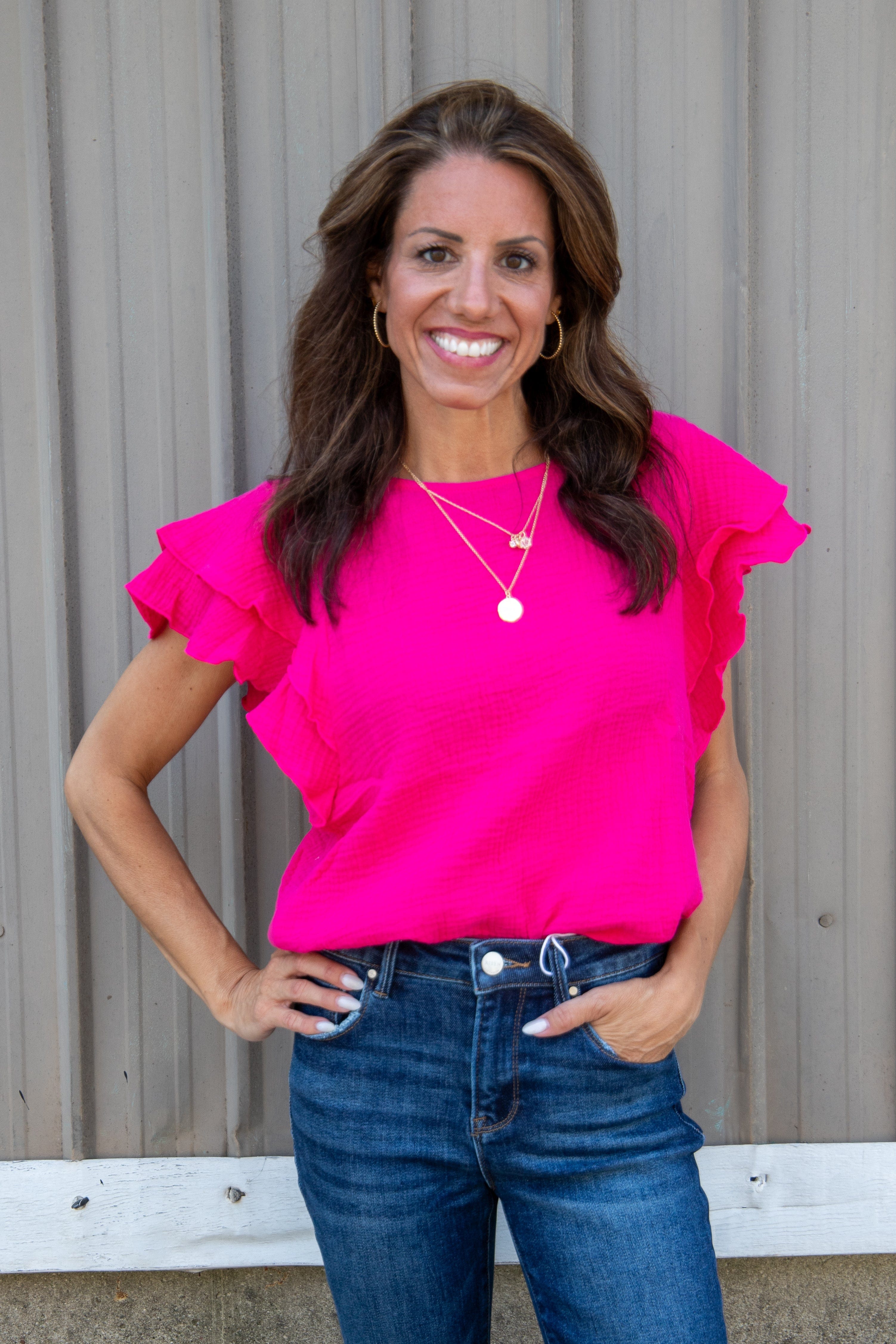 Fuchsia Ruffle Sleeve Gauze Top