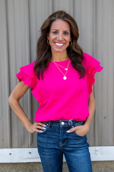 Fuchsia Ruffle Sleeve Gauze Top