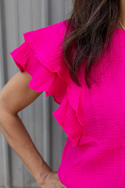Fuchsia Ruffle Sleeve Gauze Top fabric up close