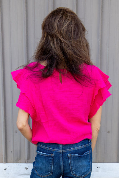 Fuchsia Ruffle Sleeve Gauze Top back