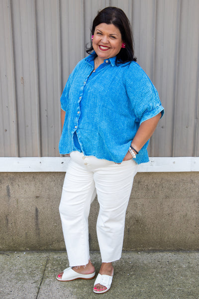 Ocean Blue Gauze Button Down Top styked