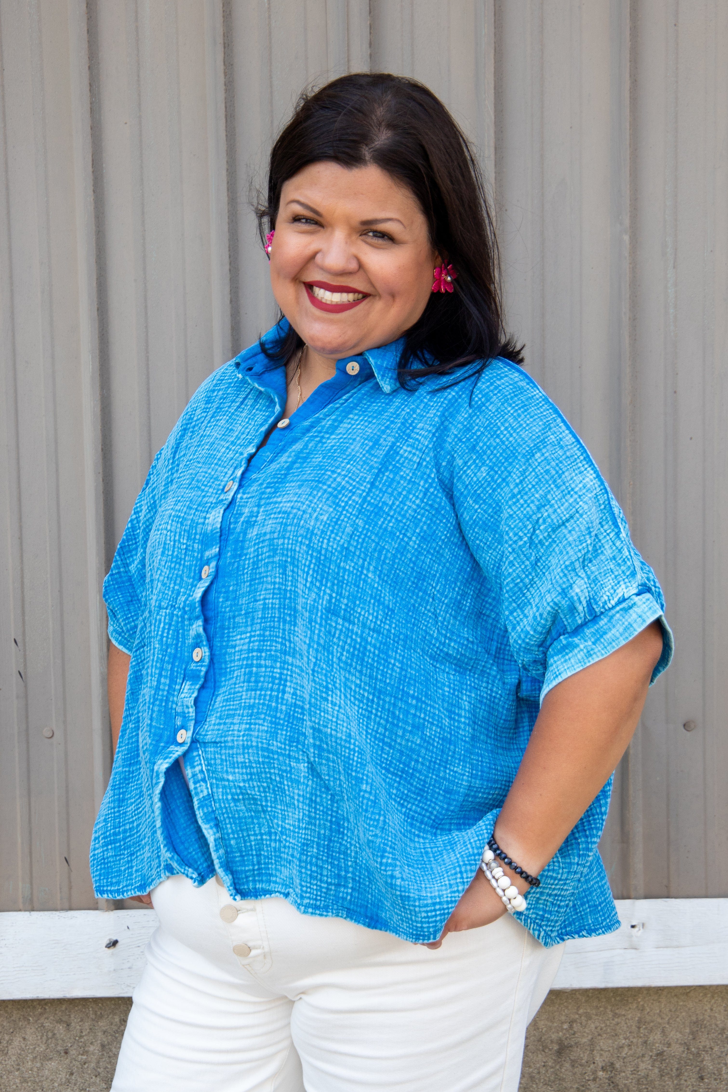 Ocean Blue Gauze Button Down Top