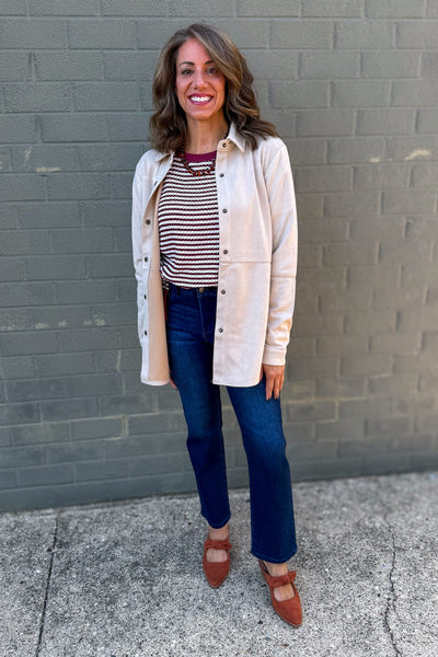 Burgundy Stripe Exposed Split Hem Knit Top
