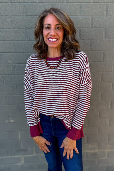 Burgundy Stripe Exposed Split Hem Knit Top