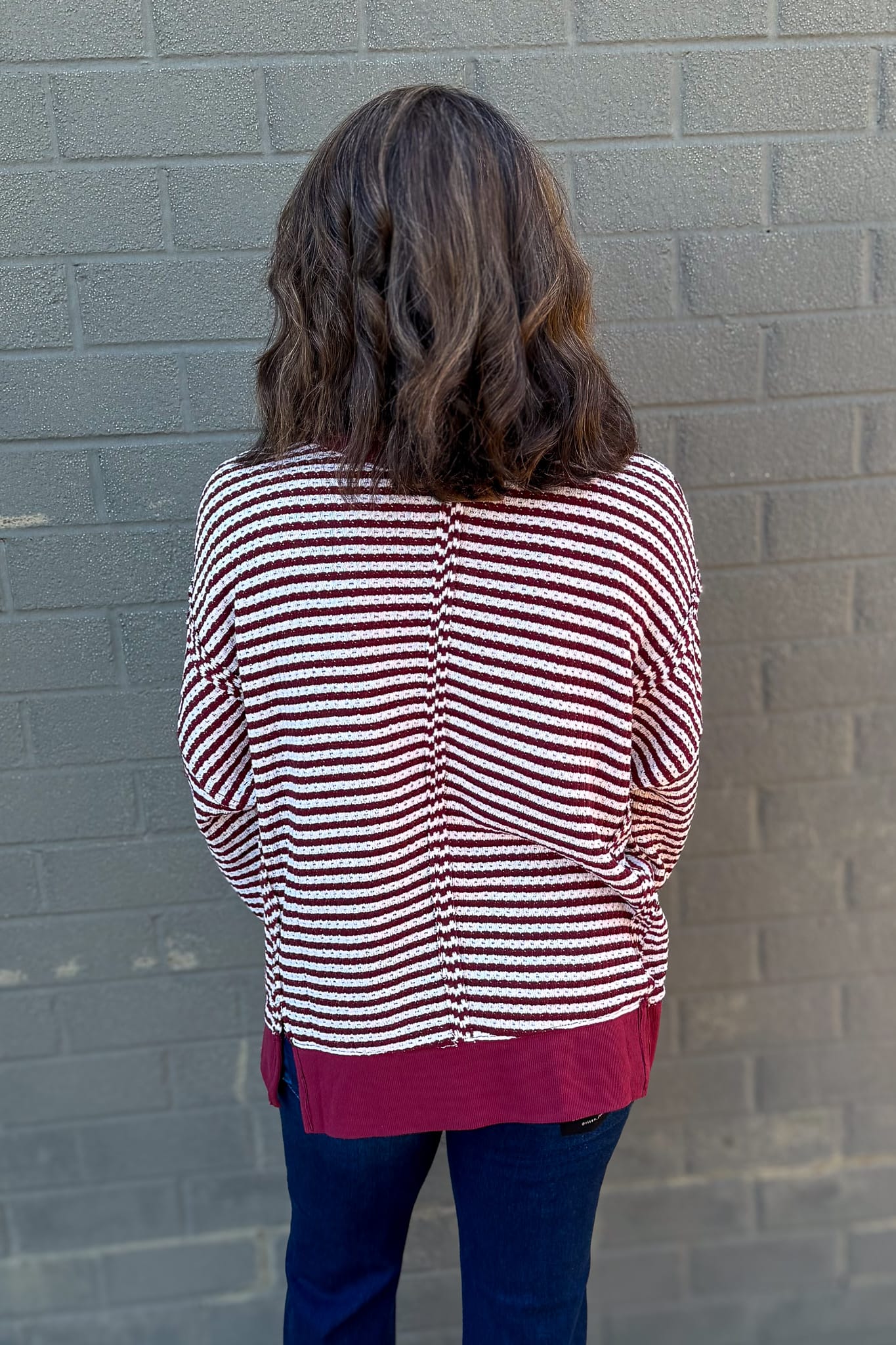 Burgundy Stripe Exposed Split Hem Knit Top