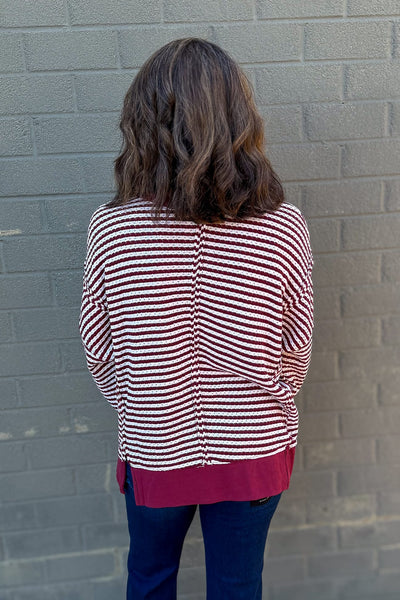 Burgundy Stripe Exposed Split Hem Knit Top