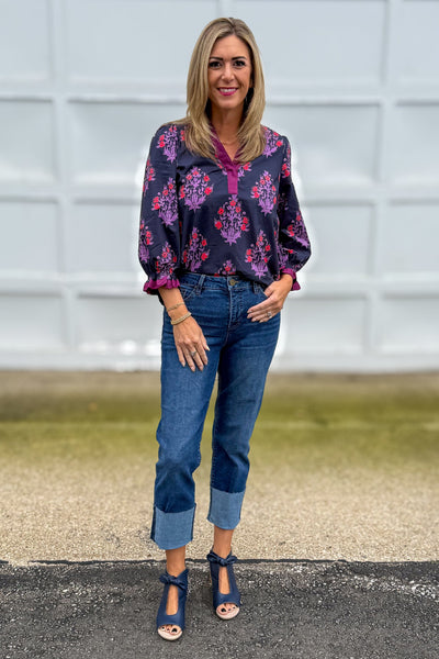 Navy Bouquet Print Blouse Ruffle Collar Styled