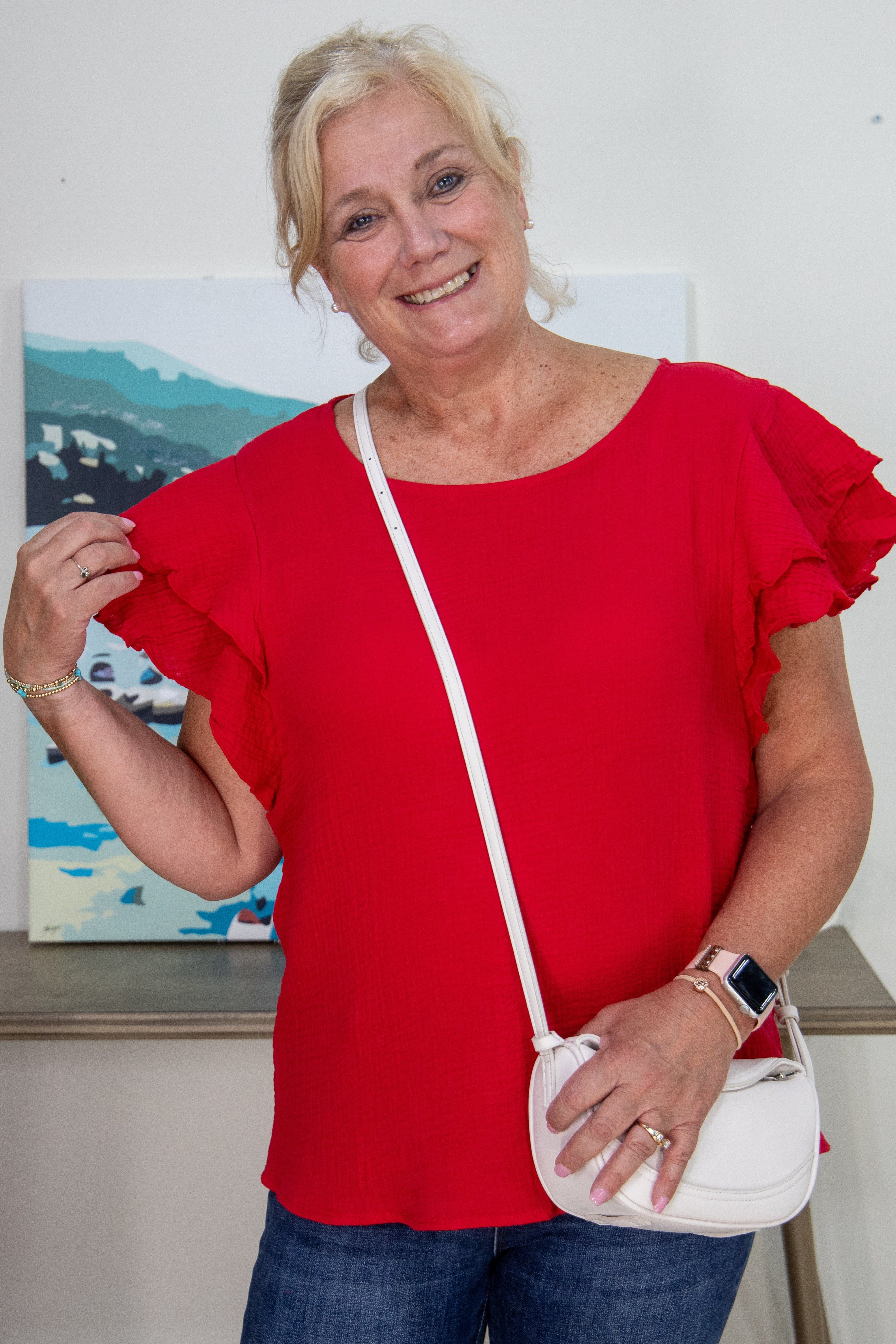 Cherry Ruffle Sleeve Gauze Top