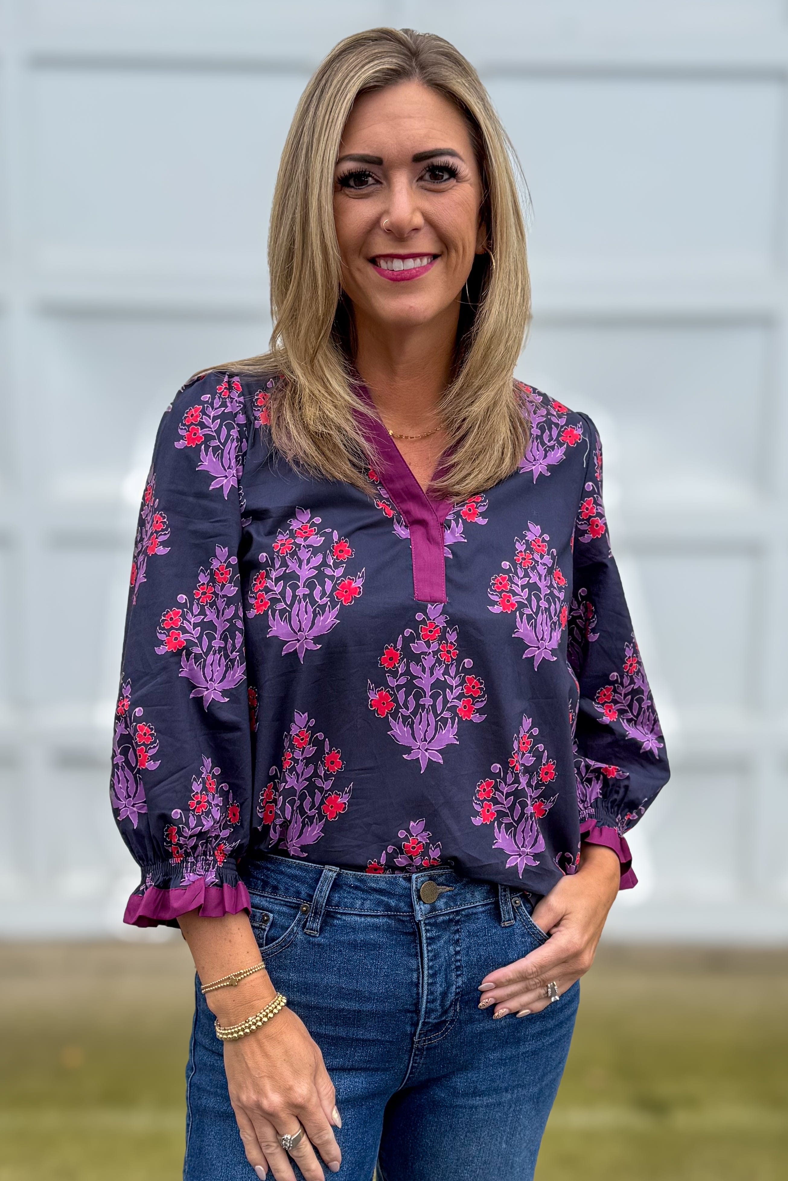 Navy Bouquet Print Blouse Ruffle Collar