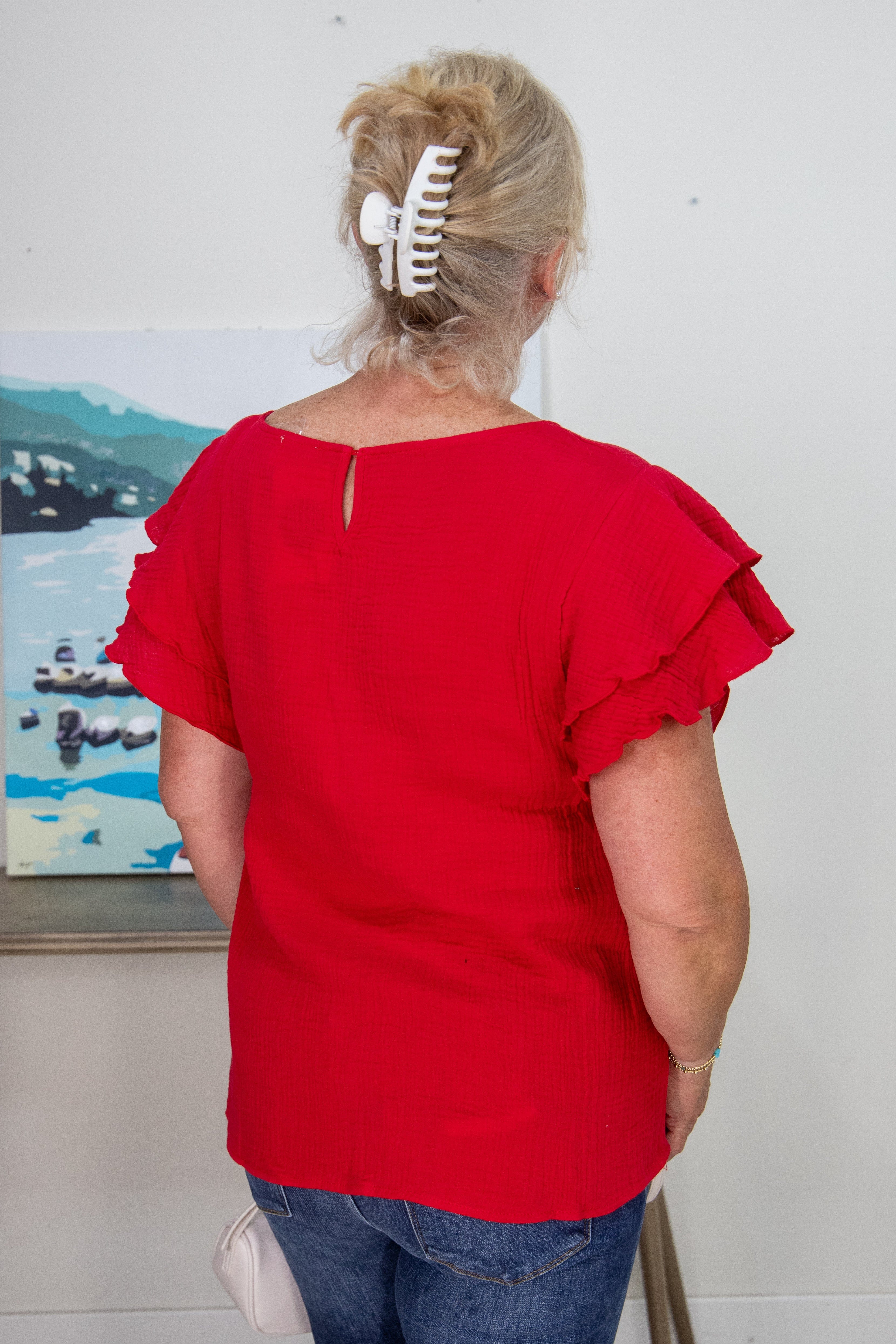 Cherry Ruffle Sleeve Gauze Top back