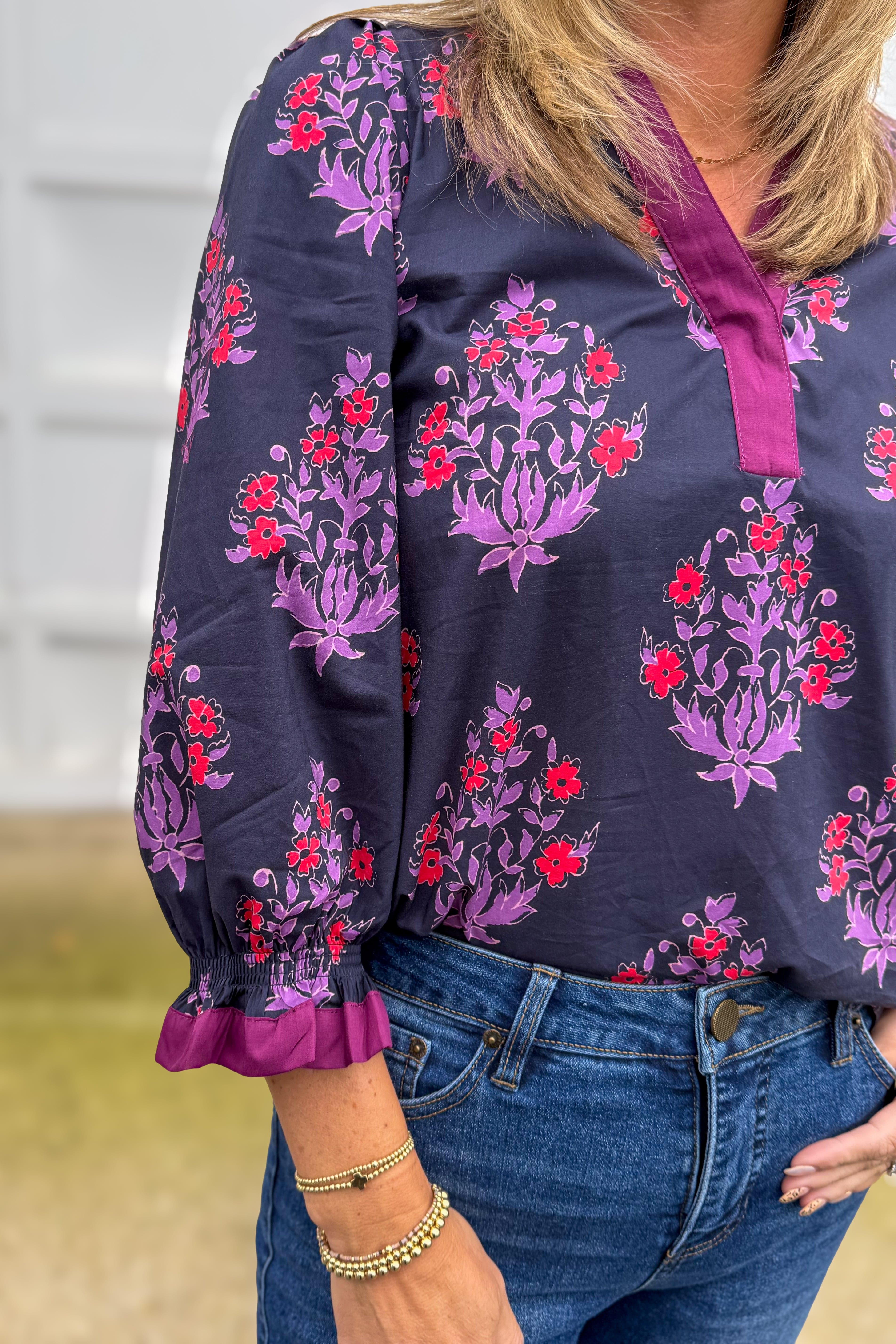 Navy Bouquet Print Blouse Ruffle Collar