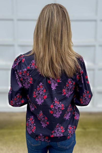 Navy Bouquet Print Blouse Ruffle Collar Back