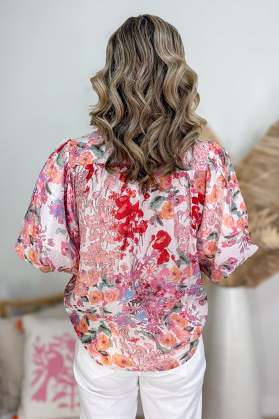 Pink Floral Collared Balloon Sleeve Top back