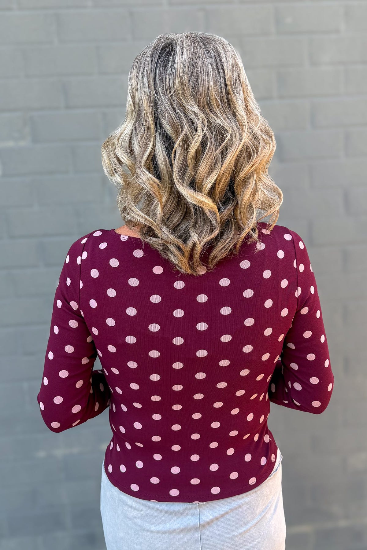 Burgundy Polka Dot Long Sleeve Knit Top Back