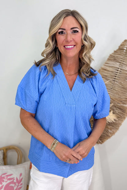 Blue Texture V-Neck Blouse