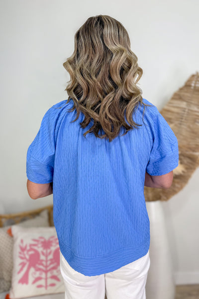 Blue Texture V-Neck Blouse back