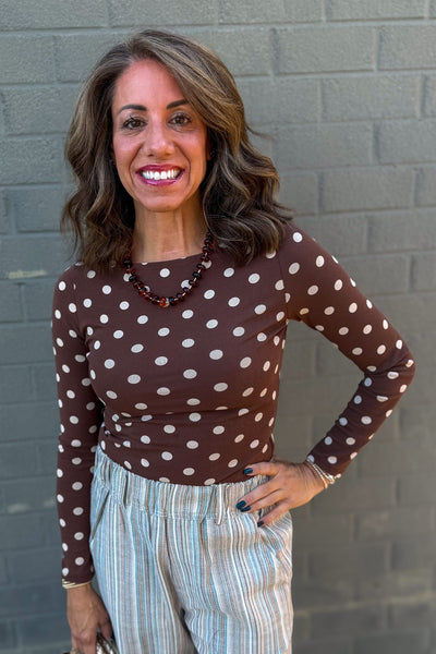 Dark Brown Polka Dot Long Sleeve Knit Top