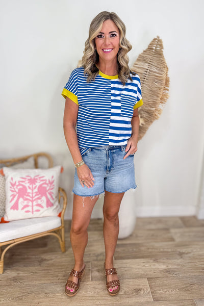 Denim Cabana Stripe Top styled