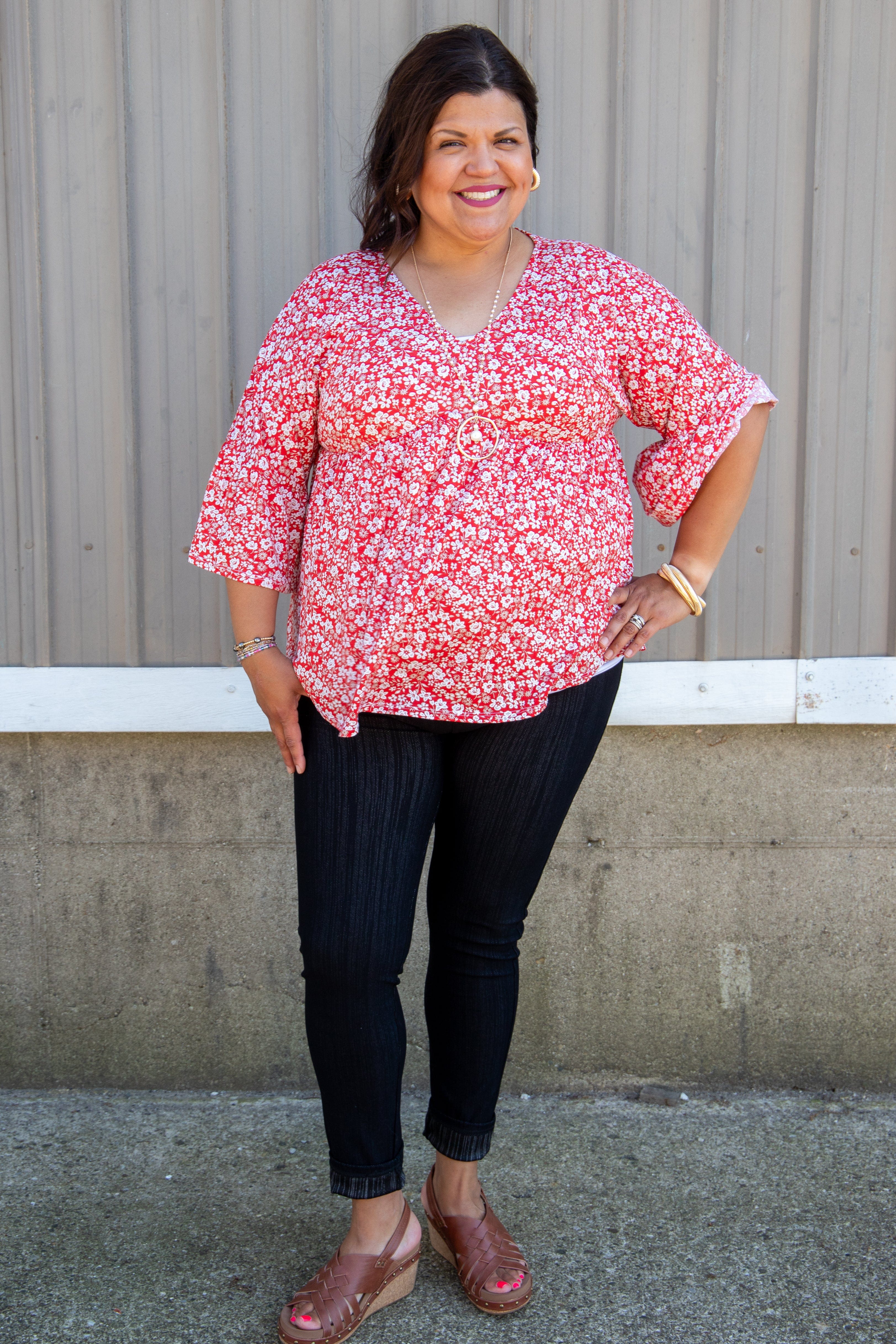 Burnt Red & White Floral Babydoll Top styled