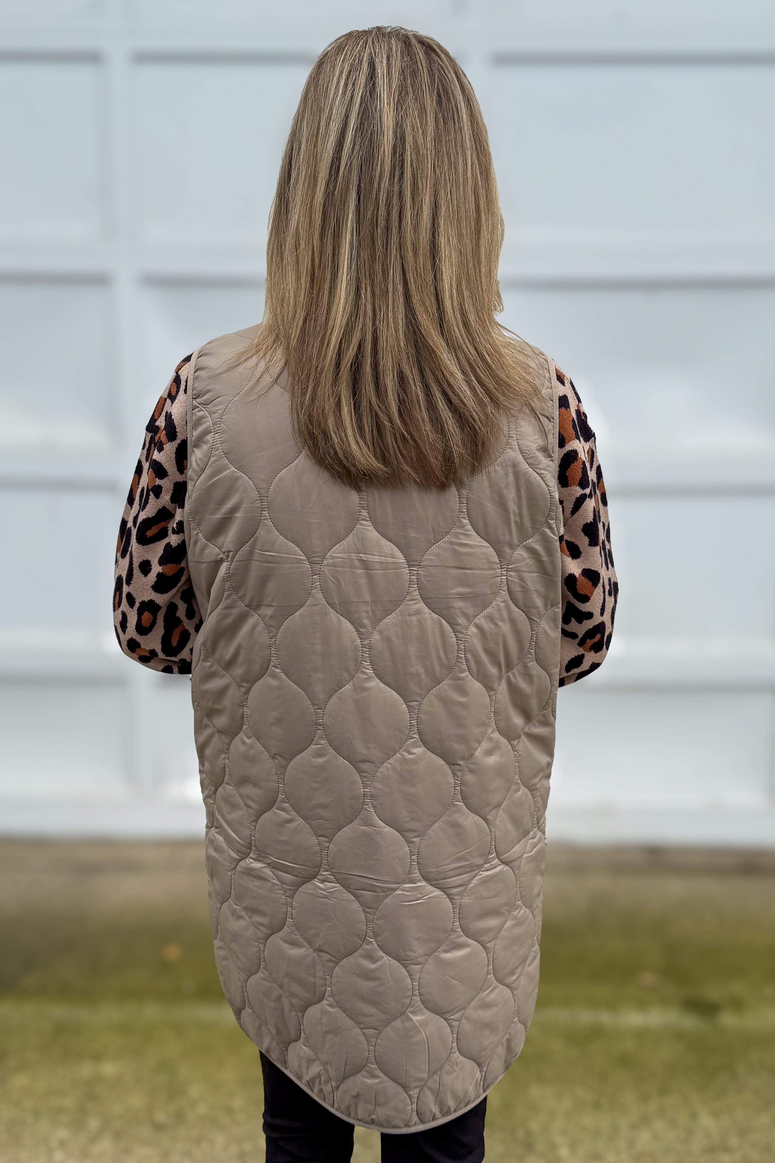 Beige Quilted Long Vest Back