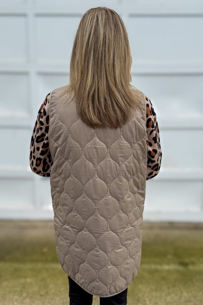 Beige Quilted Long Vest Back