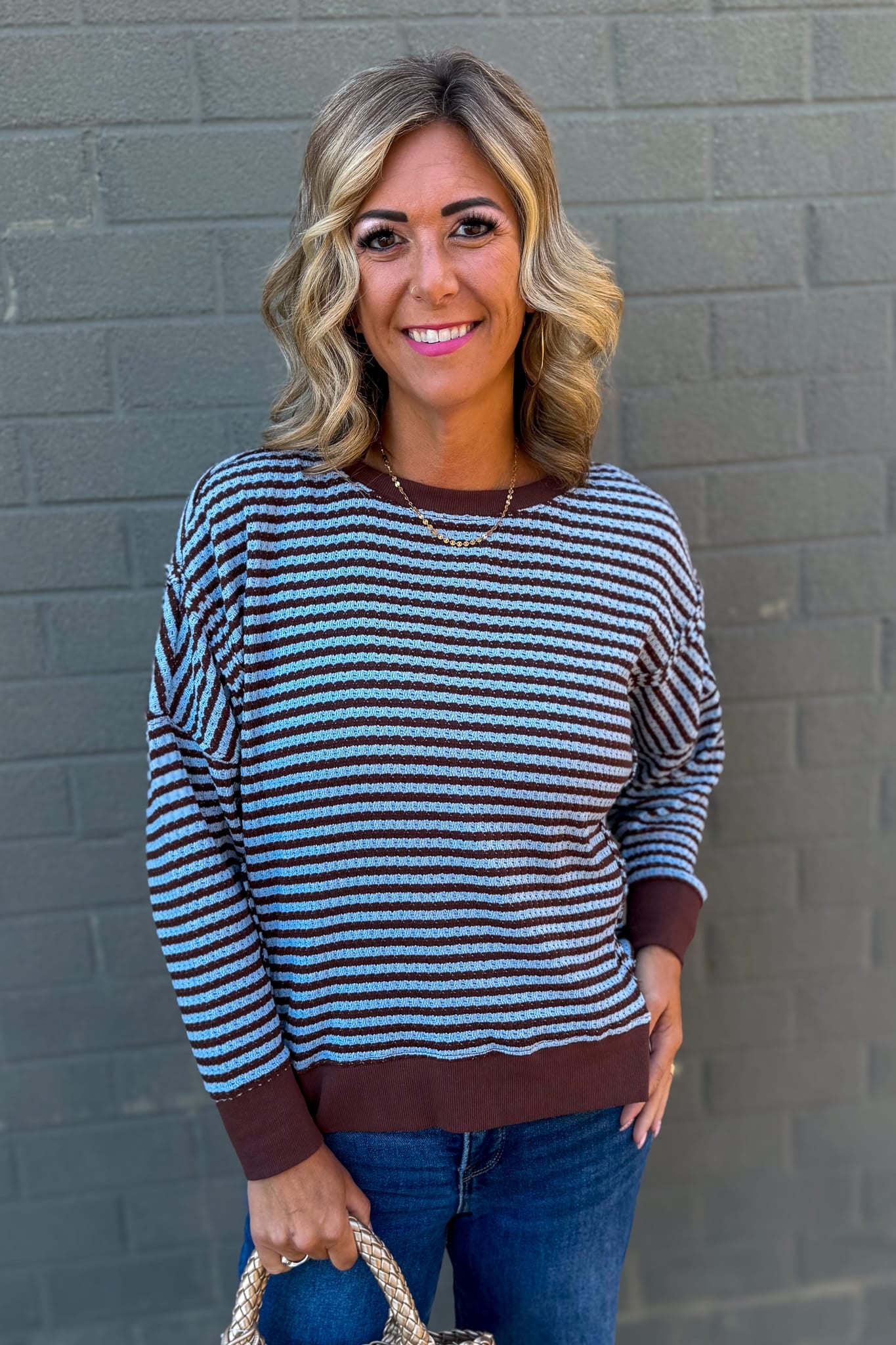 Blue & Brown Stripe Exposed Split Hem Knit Top
