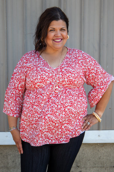 Burnt Red & White Floral Babydoll Top