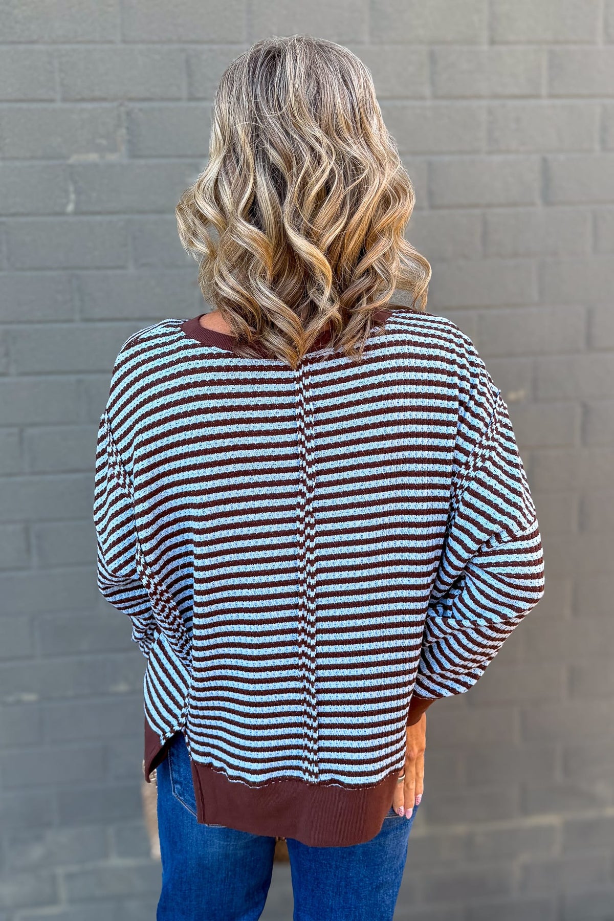 Blue & Brown Stripe Exposed Split Hem Knit Top Back