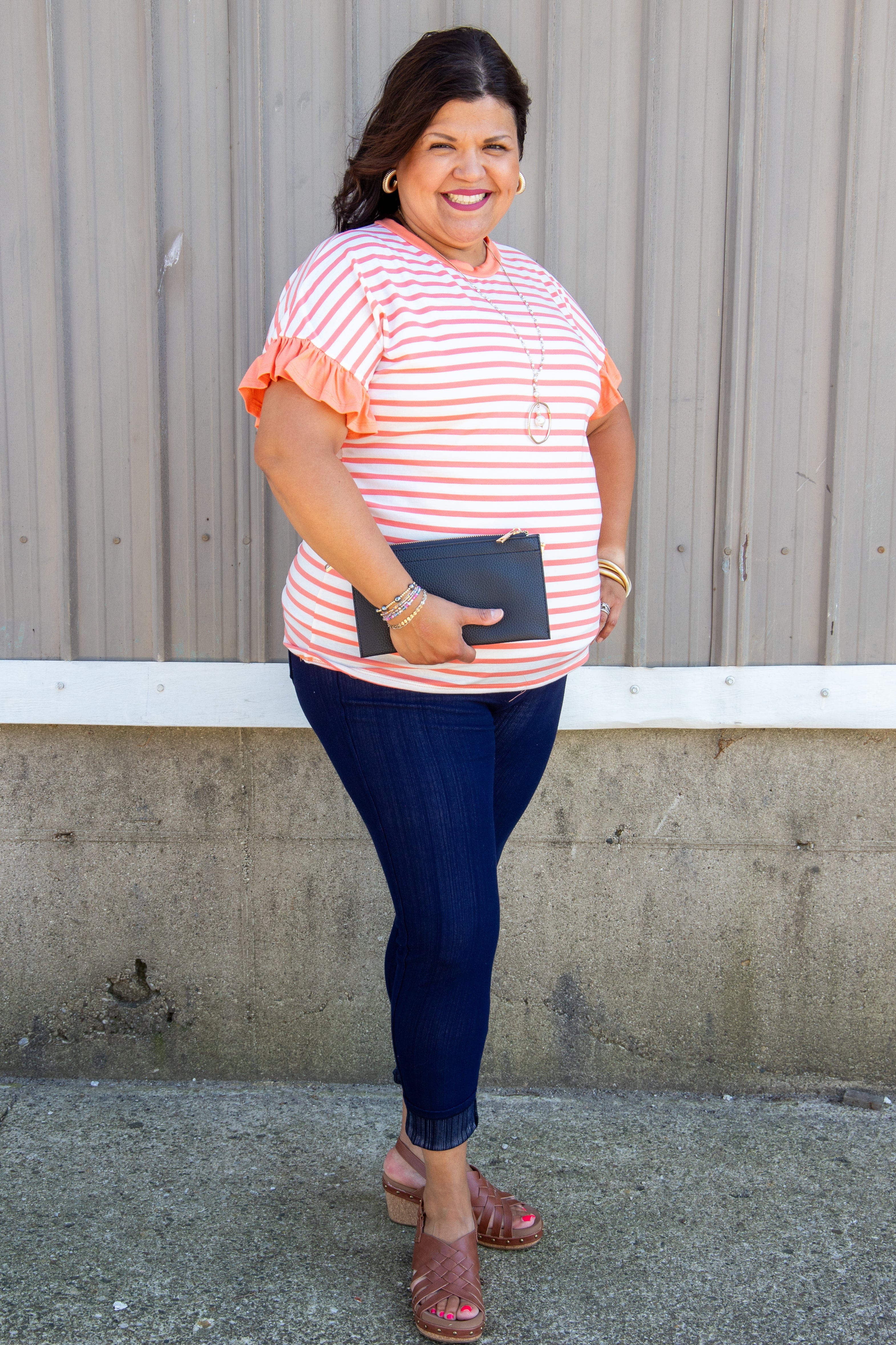 Coral Stripe Ruffle Sleeve Top styled
