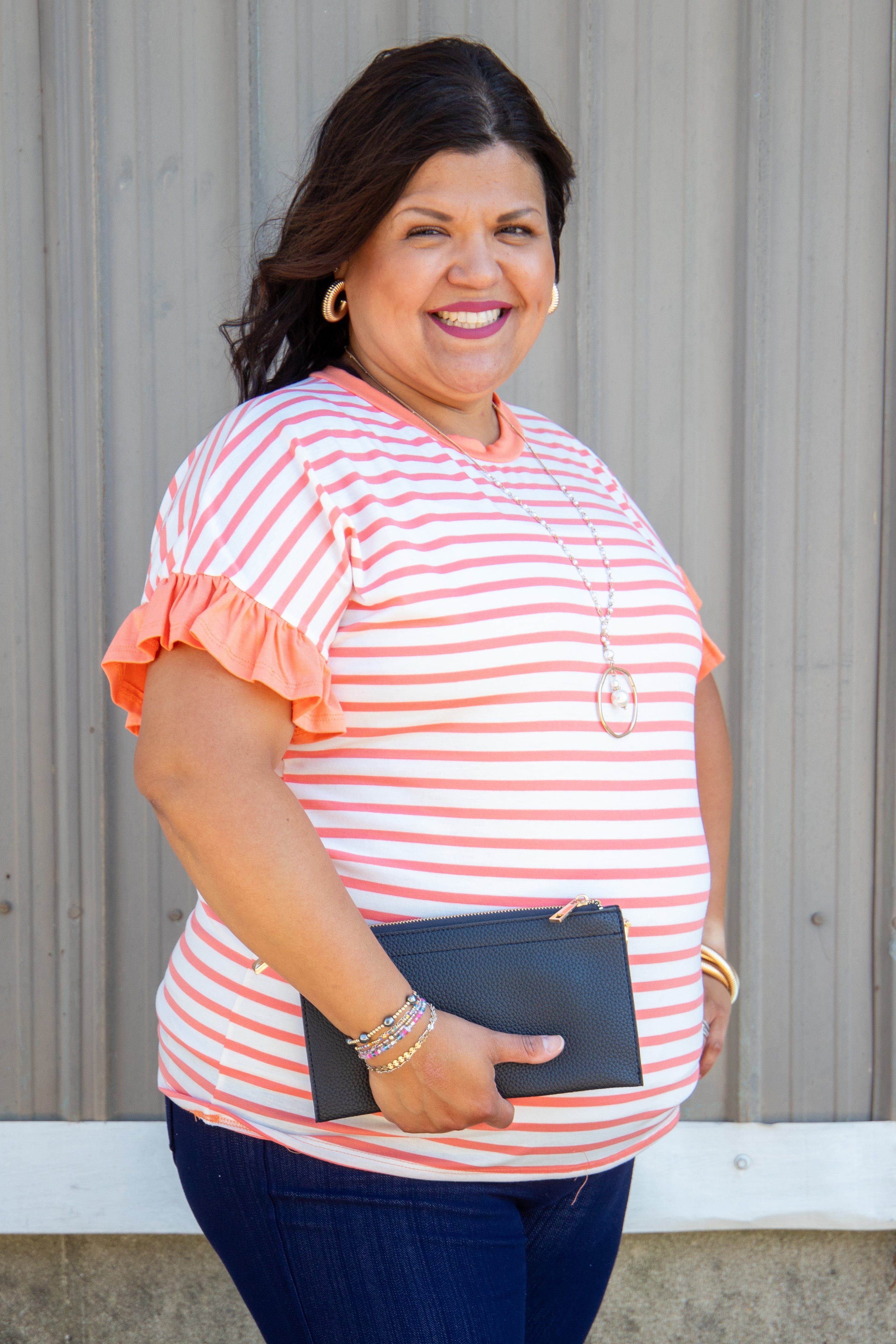 Coral Stripe Ruffle Sleeve Top