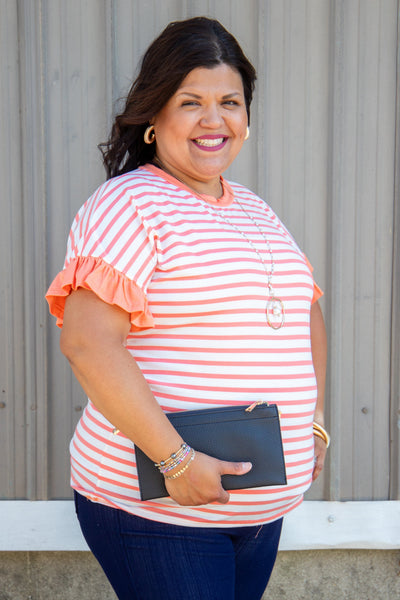 Coral Stripe Ruffle Sleeve Top