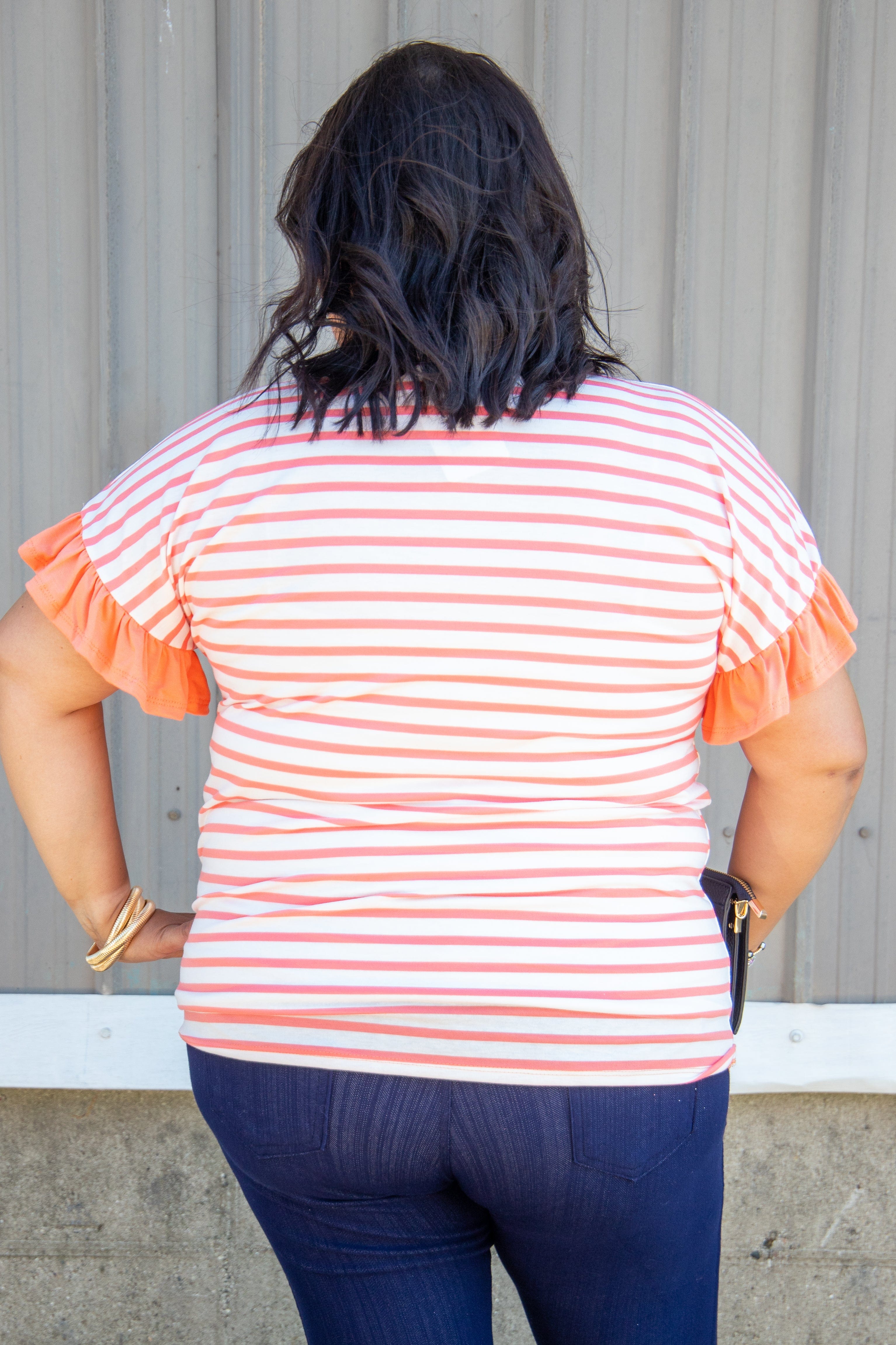 Coral Stripe Ruffle Sleeve Top back