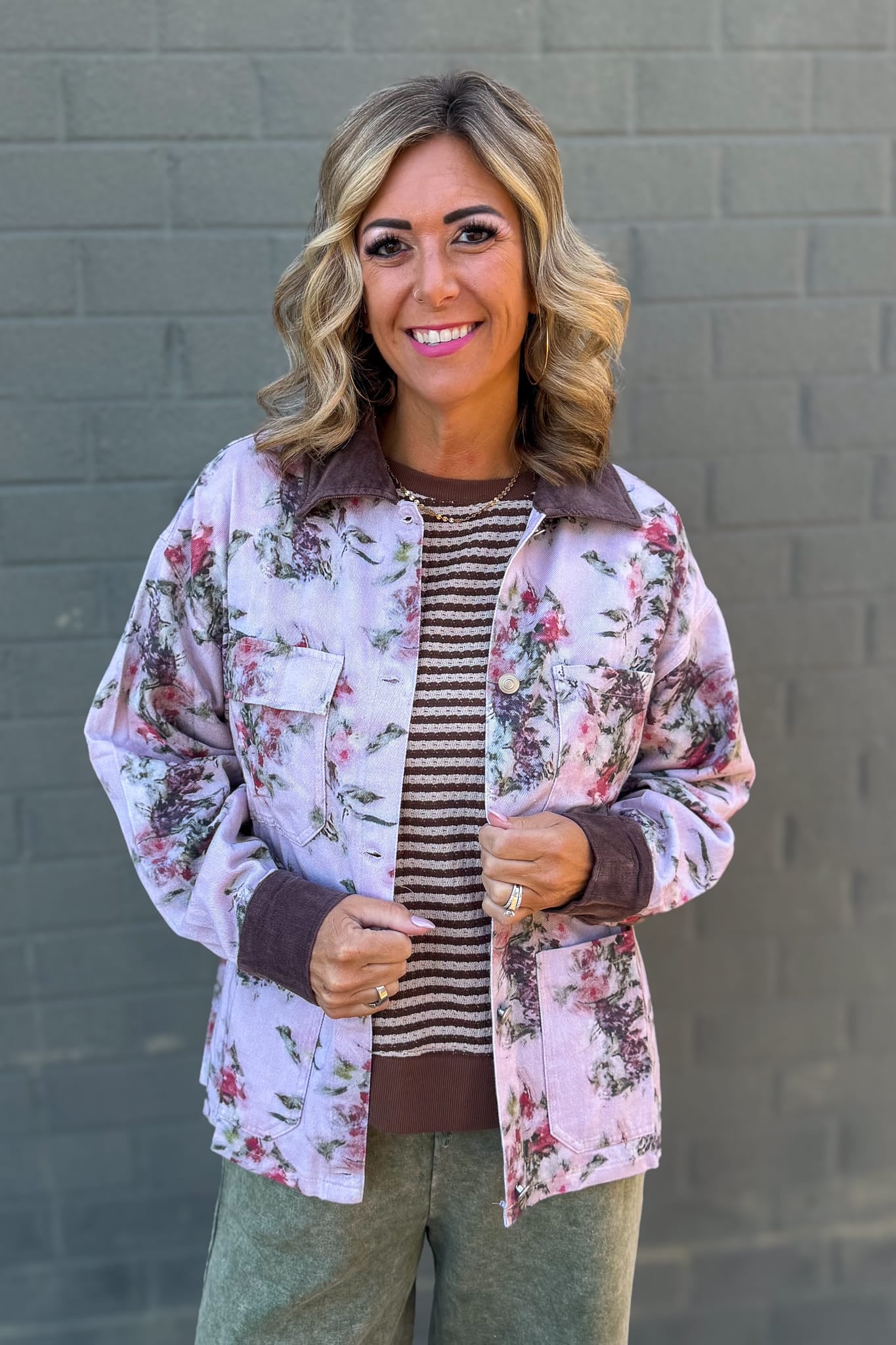 Pink & Brown Floral Denim Jacket