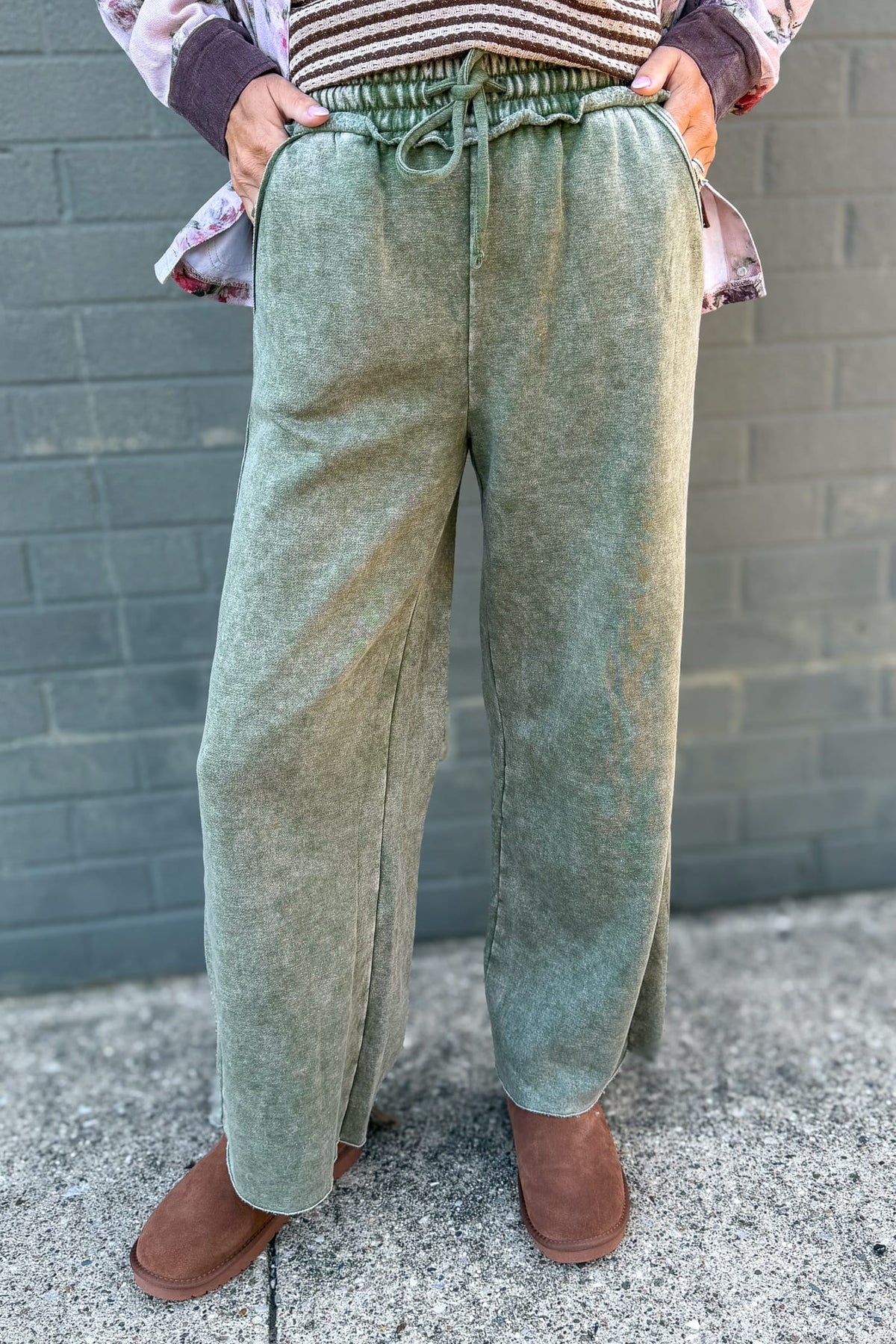 Light Olive Acid Wash Fleece Palazzo Pants