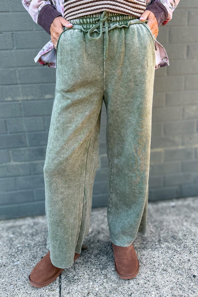 Light Olive Acid Wash Fleece Palazzo Pants