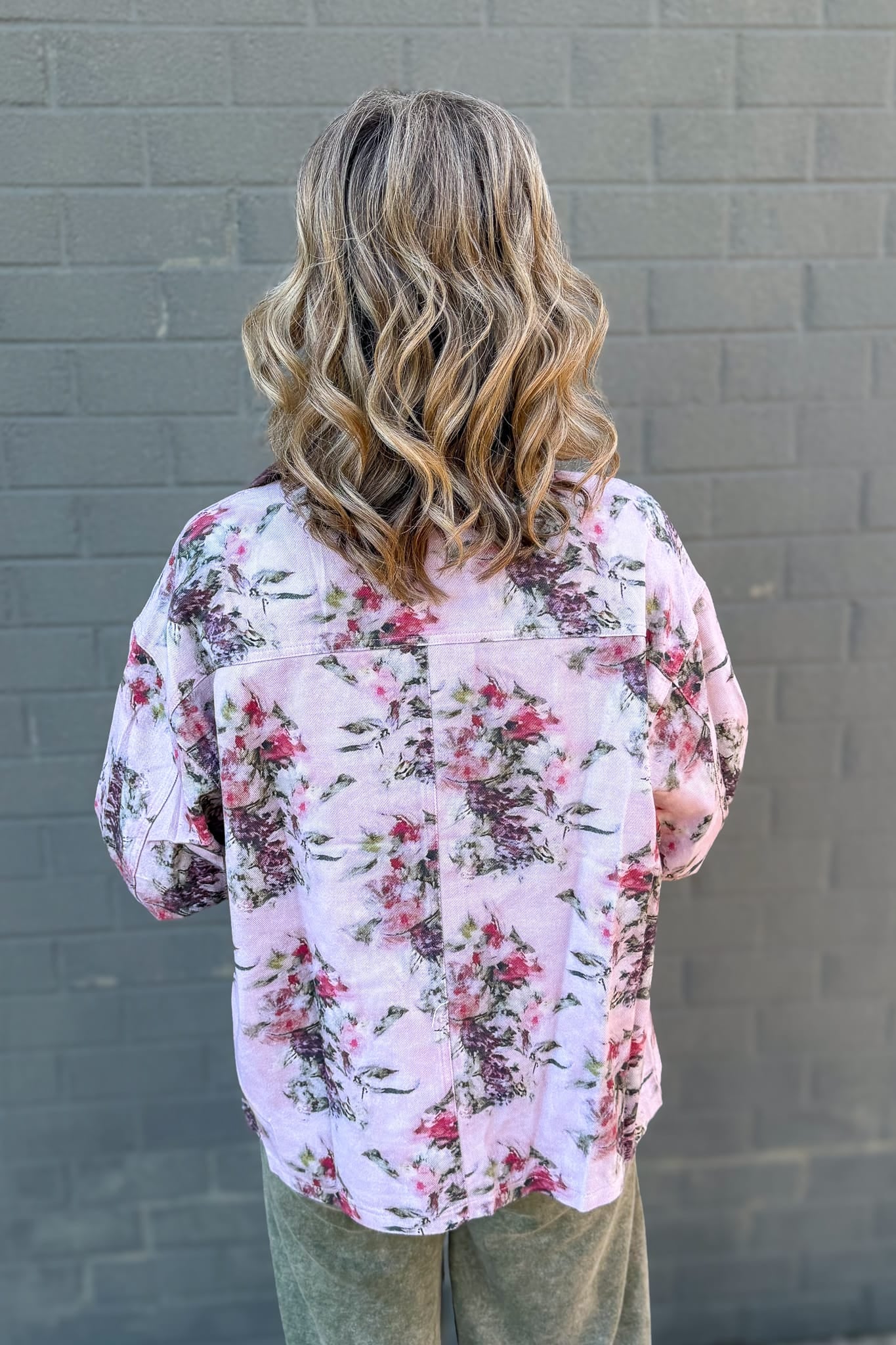 Pink & Brown Floral Denim Jacket Back