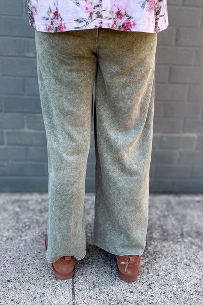 Light Olive Acid Wash Fleece Palazzo Pants Back
