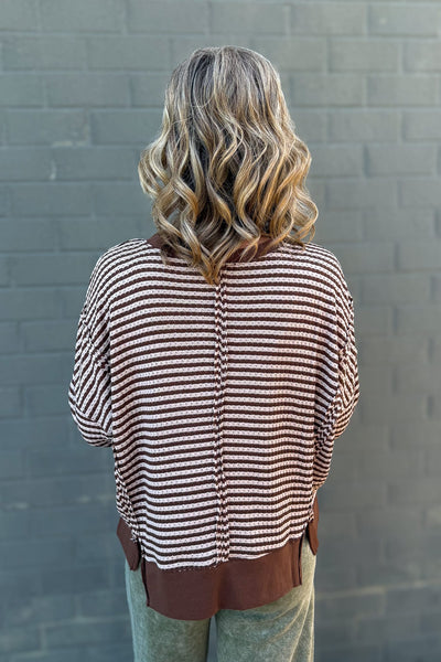 Brown Stripe Exposed Split Hem Knit Top Back