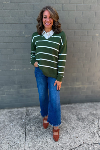 Army Green Stripe Split Neck Sweater Styled
